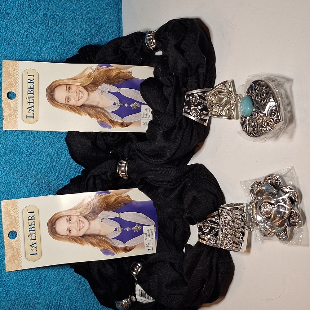 2 Laliberi Scarves - Black - New with Tags , 2 Charms - Flower And Heart